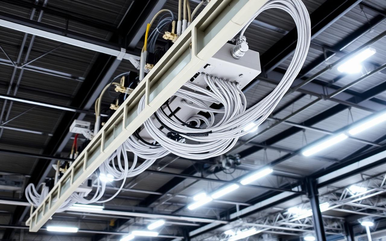 Overhead cable tray and services rough-in inside an industrial workshop