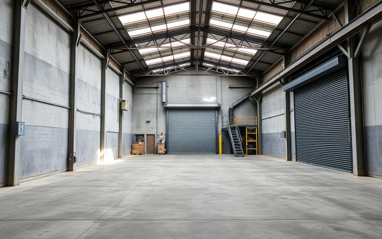 Empty industrial warehouse tenancy prepared for workshop conversion
