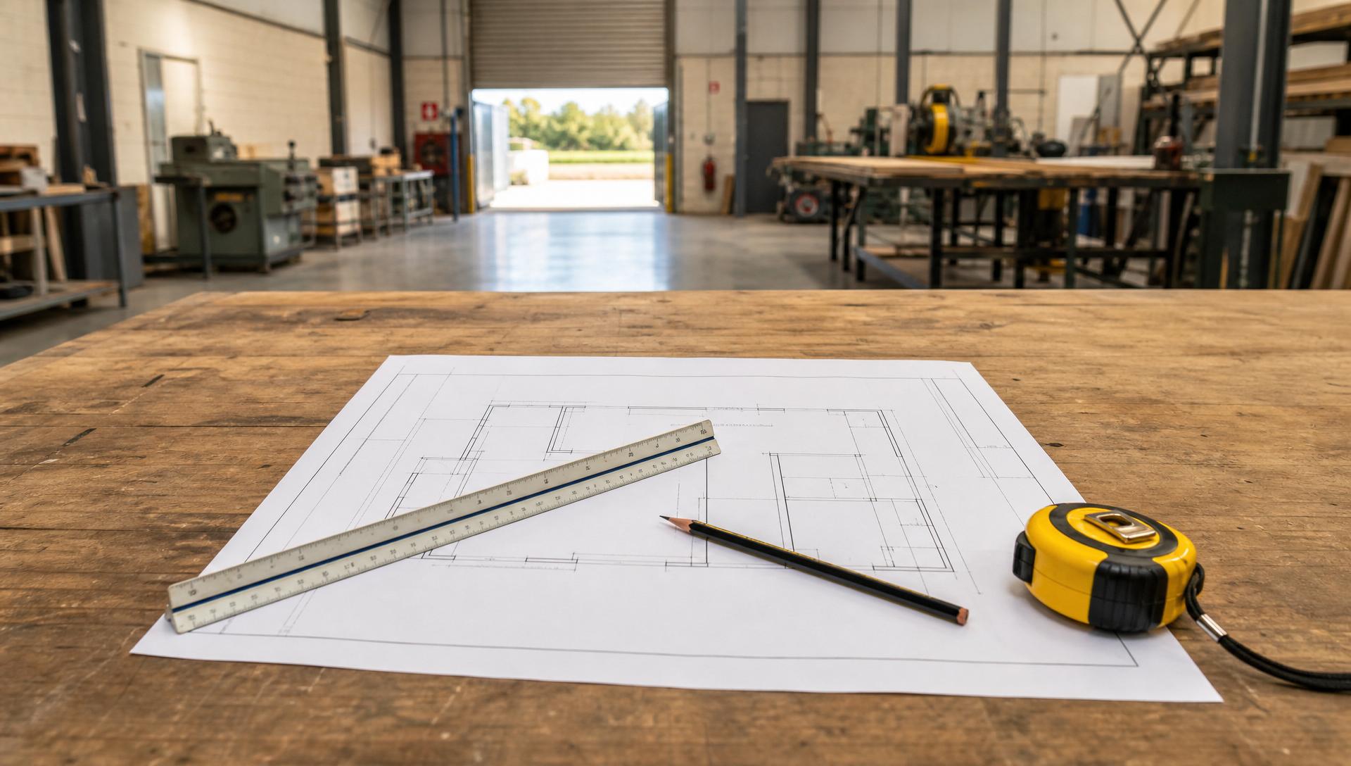 Workshop fitout planning documents on an industrial bench
