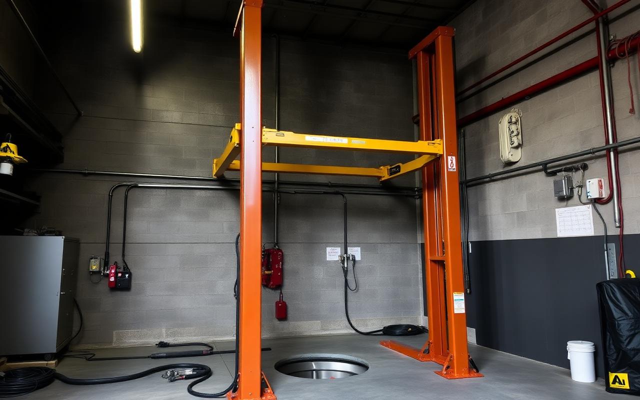 Two-post hoist bay with service pit and rough-in services