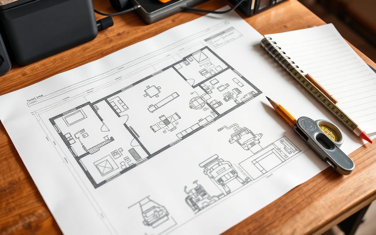 Workshop floor plan with tape measure and pencil on a planning desk